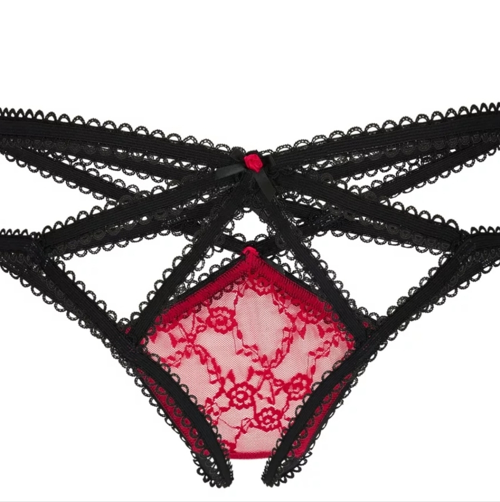 Adore Me Lyda 2X Crotchless Cheeky Panty Red Black Lace Strappy NWT Plus Size